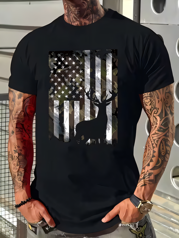 Outdoor Hunting Graphic Tees - Men's Tattoo Sleeve Patriotic Grunge American